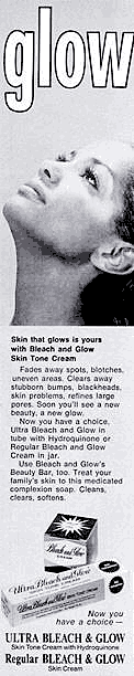 An ad for Ultra Bleach and Glow, a bleaching cream that contains hydroquinone. Printed in Ebony magazine, September 1970