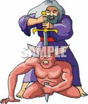A Colorful Cartoon of a Biblical Man Stabbing a Demon with a Sword - Royalty Free Clipart Picture